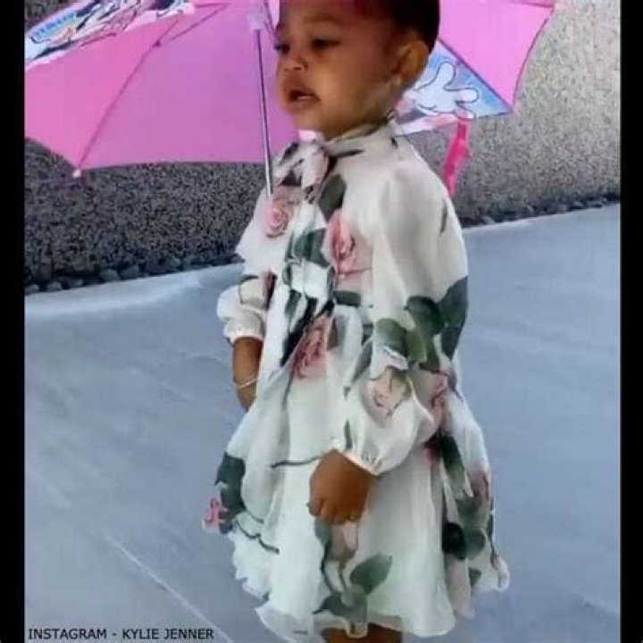 Stormi Webster, 2, Looks Adorable In A Floral Dress While Holding A Pink Minnie Mouse Umbrella